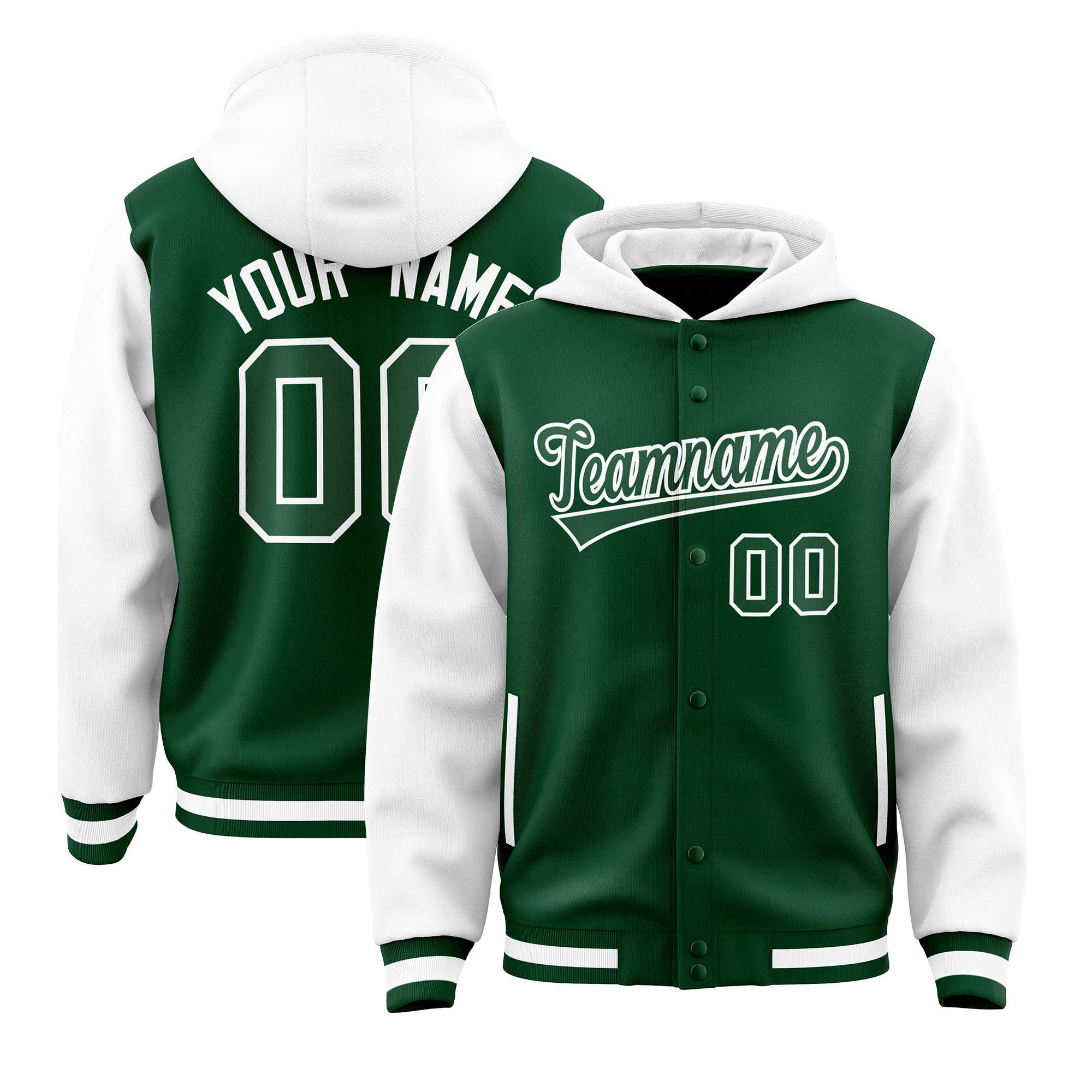 Custom Green White Raglan Sleeves Varsity Full-Snap Letterman Two Tone Hoodie Jacket