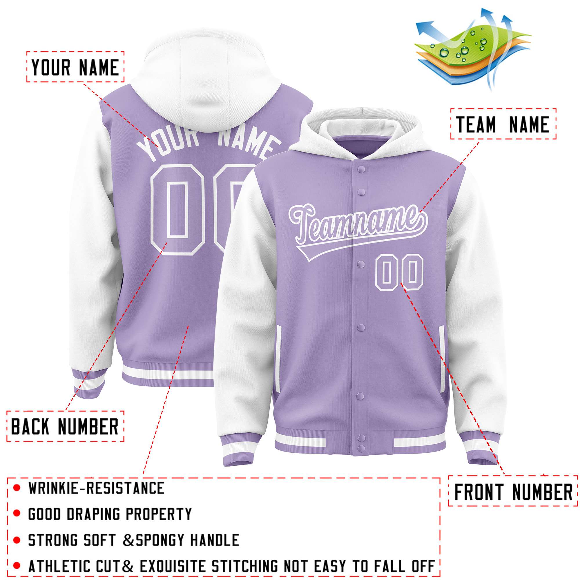 Custom Light Purple White Raglan Sleeves Varsity Full-Snap Letterman Two Tone Hoodie Jacket