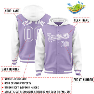 Custom Light Purple White Raglan Sleeves Varsity Full-Snap Letterman Two Tone Hoodie Jacket