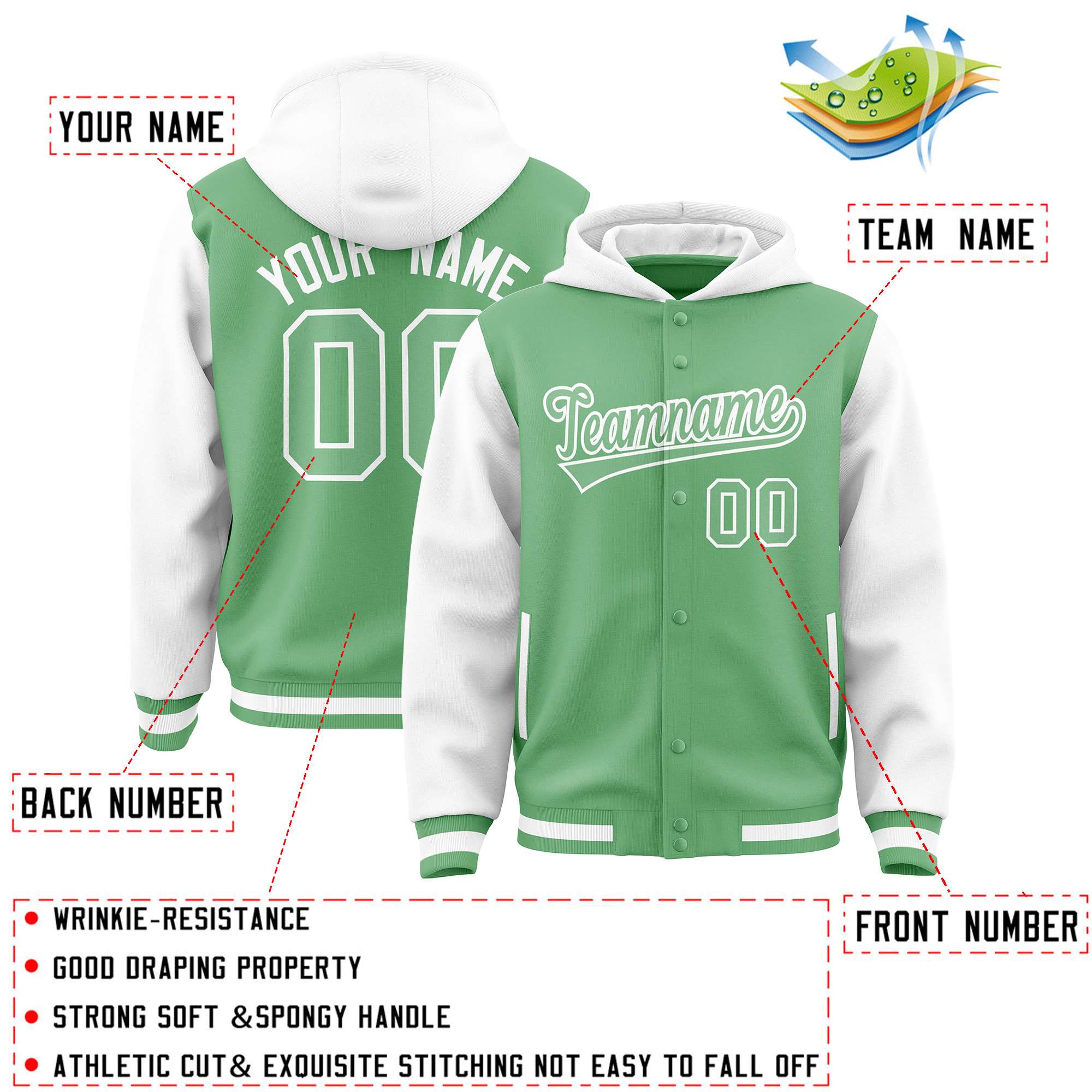 Custom Green White Raglan Sleeves Varsity Full-Snap Letterman Two Tone Hoodie Jacket