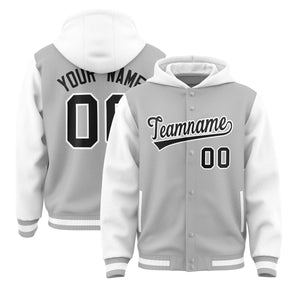 Custom Gray White Raglan Sleeves Varsity Full-Snap Letterman Two Tone Hoodie Jacket