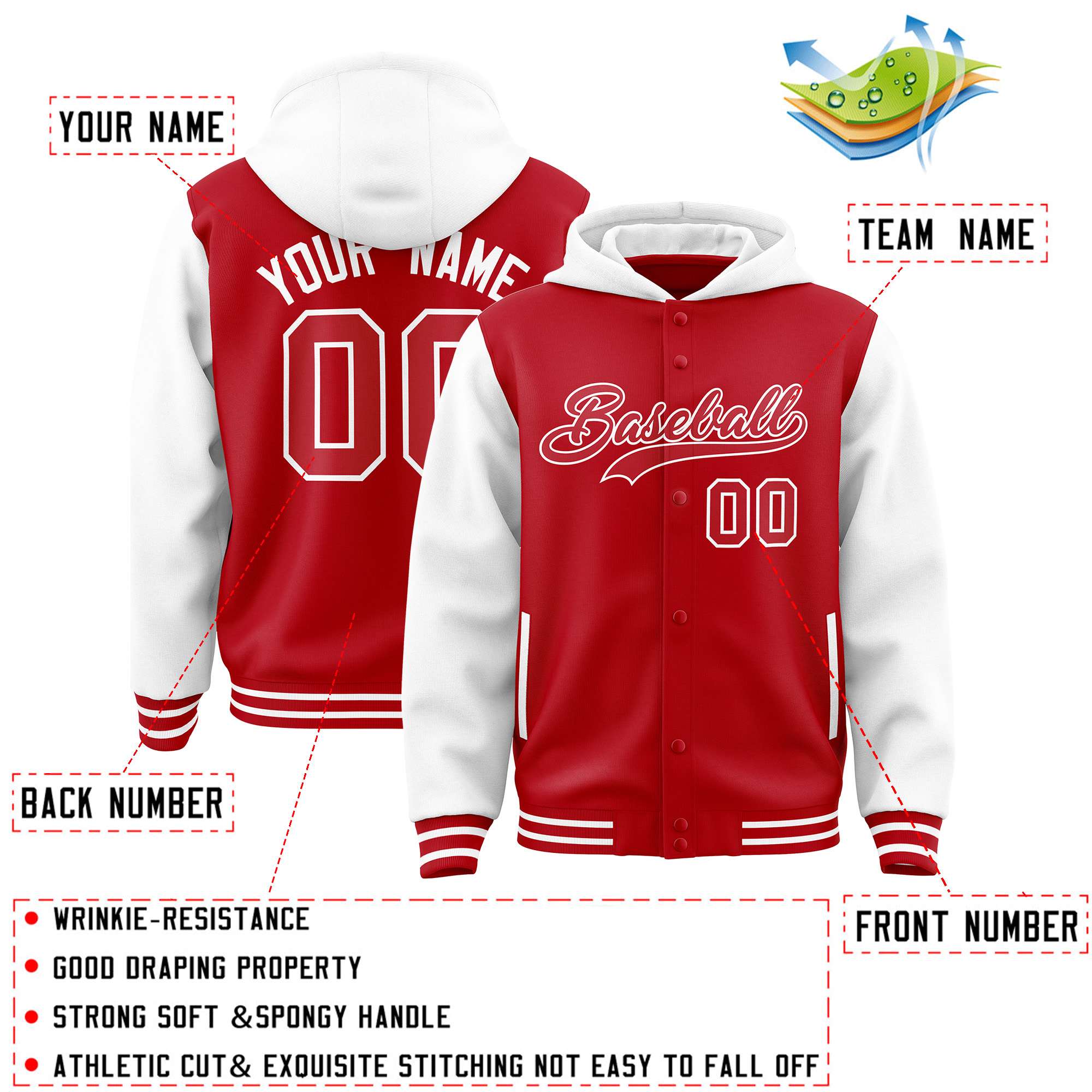 Custom Red White Raglan Sleeves Varsity Full-Snap Letterman Two Tone Hoodie Jacket