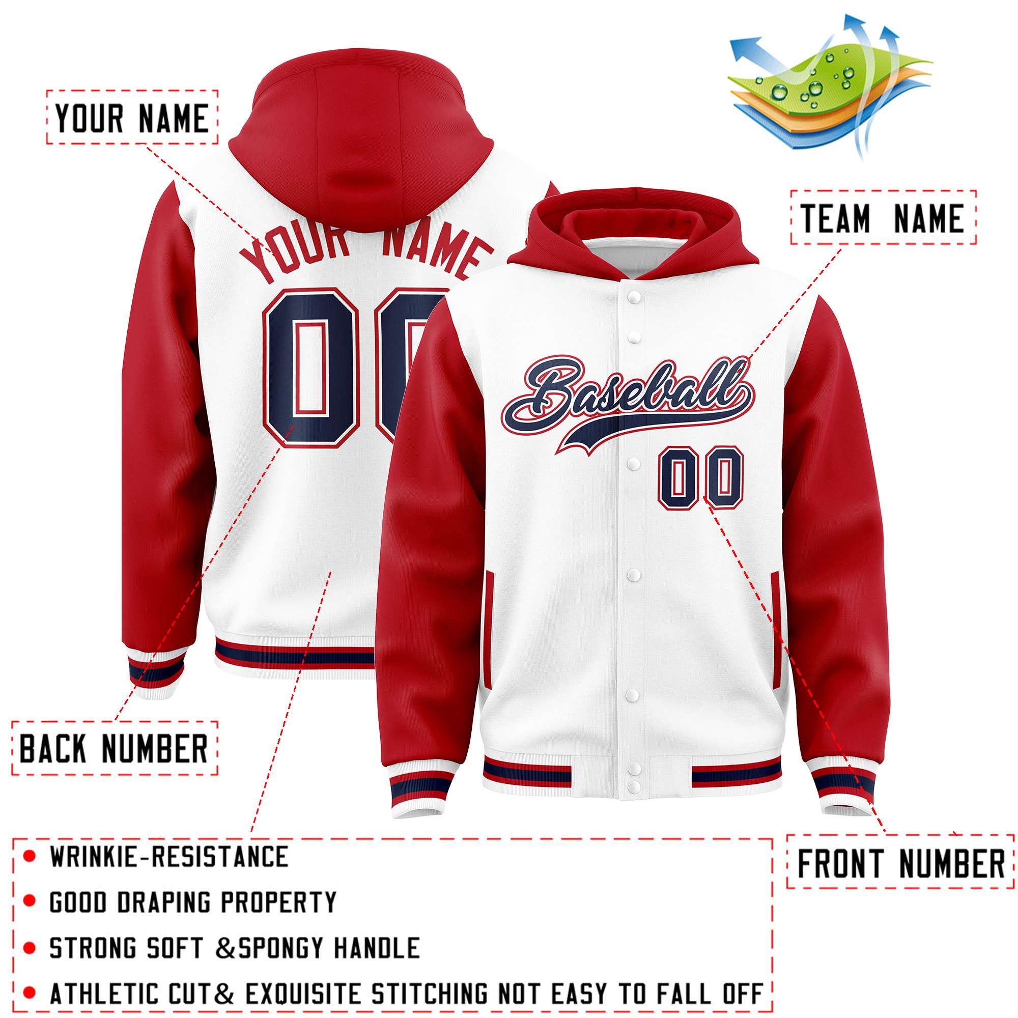 Custom White Red Raglan Sleeves Varsity Full-Snap Letterman Two Tone Hoodie Jacket