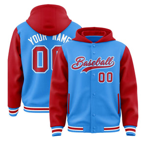 Custom Powder Blue Red Raglan Sleeves Varsity Full-Snap Letterman Two Tone Hoodie Jacket