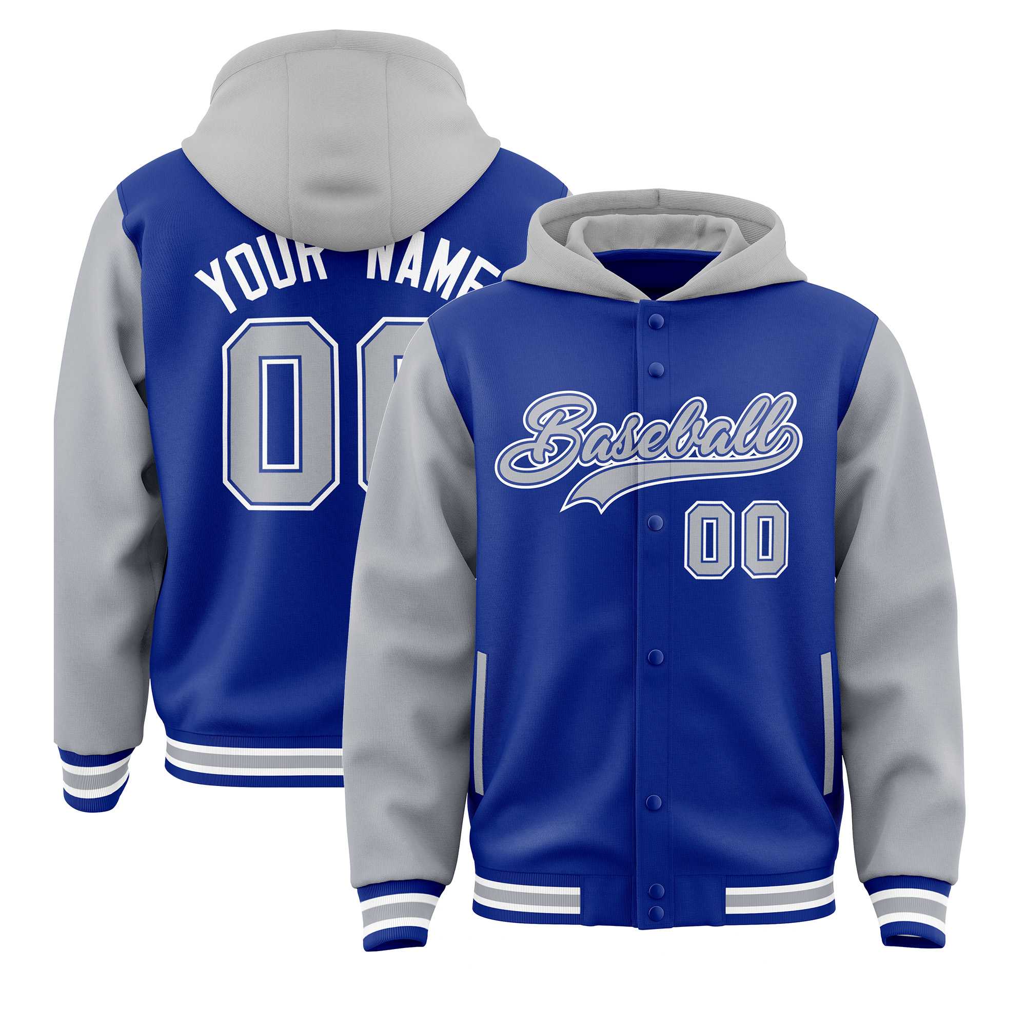 Custom Royal Gray Raglan Sleeves Varsity Full-Snap Letterman Two Tone Hoodie Jacket