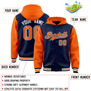 Custom Navy Orange Raglan Sleeves Varsity Full-Snap Letterman Two Tone Hoodie Jacket