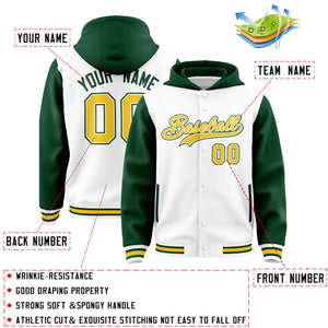 Custom White Green Raglan Sleeves Varsity Full-Snap Letterman Two Tone Hoodie Jacket