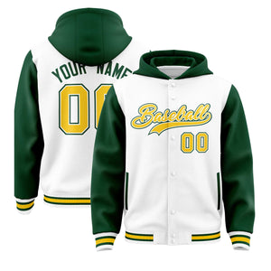 Custom White Green Raglan Sleeves Varsity Full-Snap Letterman Two Tone Hoodie Jacket