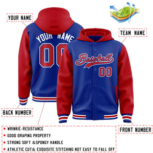 Custom Royal Red Raglan Sleeves Varsity Full-Snap Letterman Two Tone Hoodie Jacket