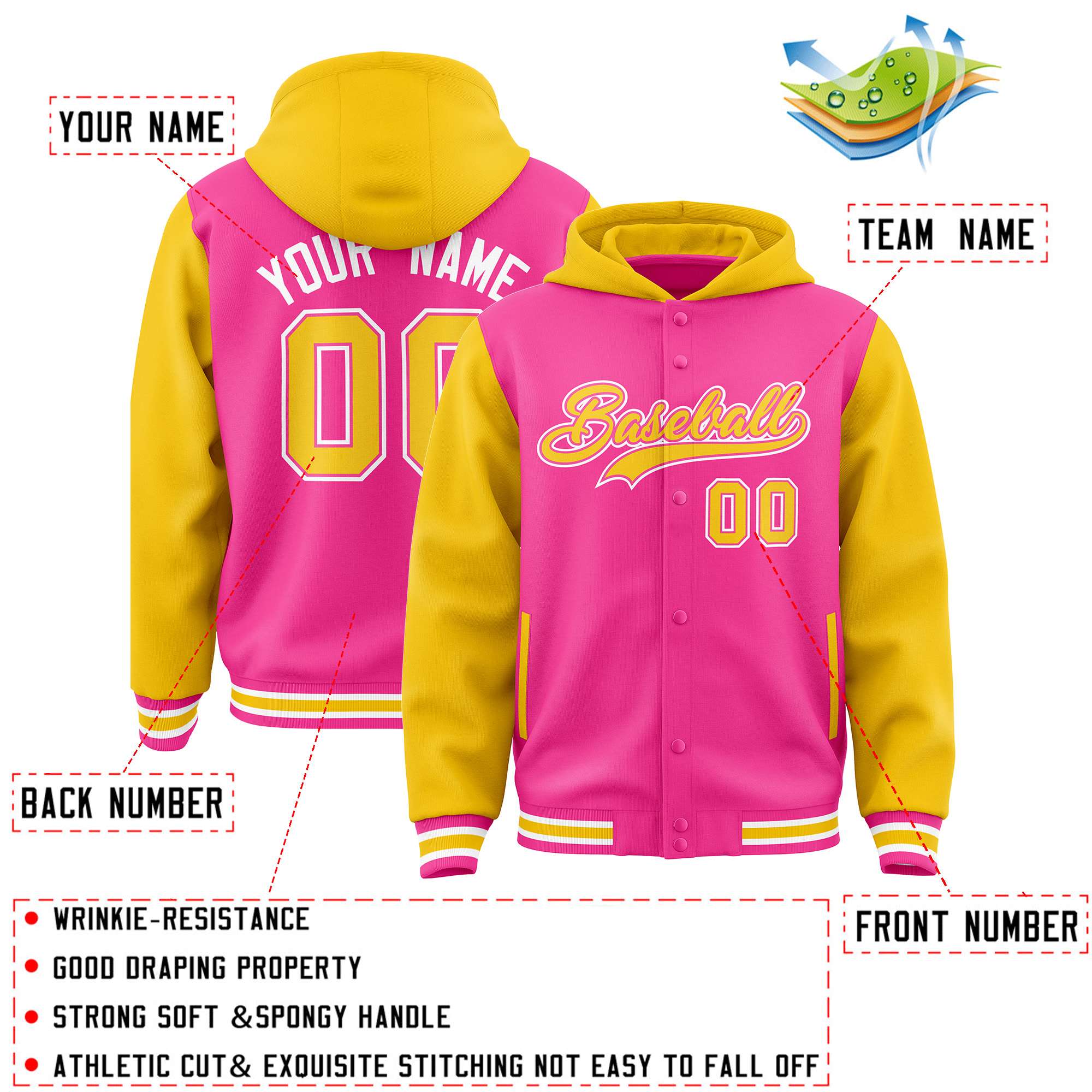 Custom Pink Gold Raglan Sleeves Varsity Full-Snap Letterman Two Tone Hoodie Jacket