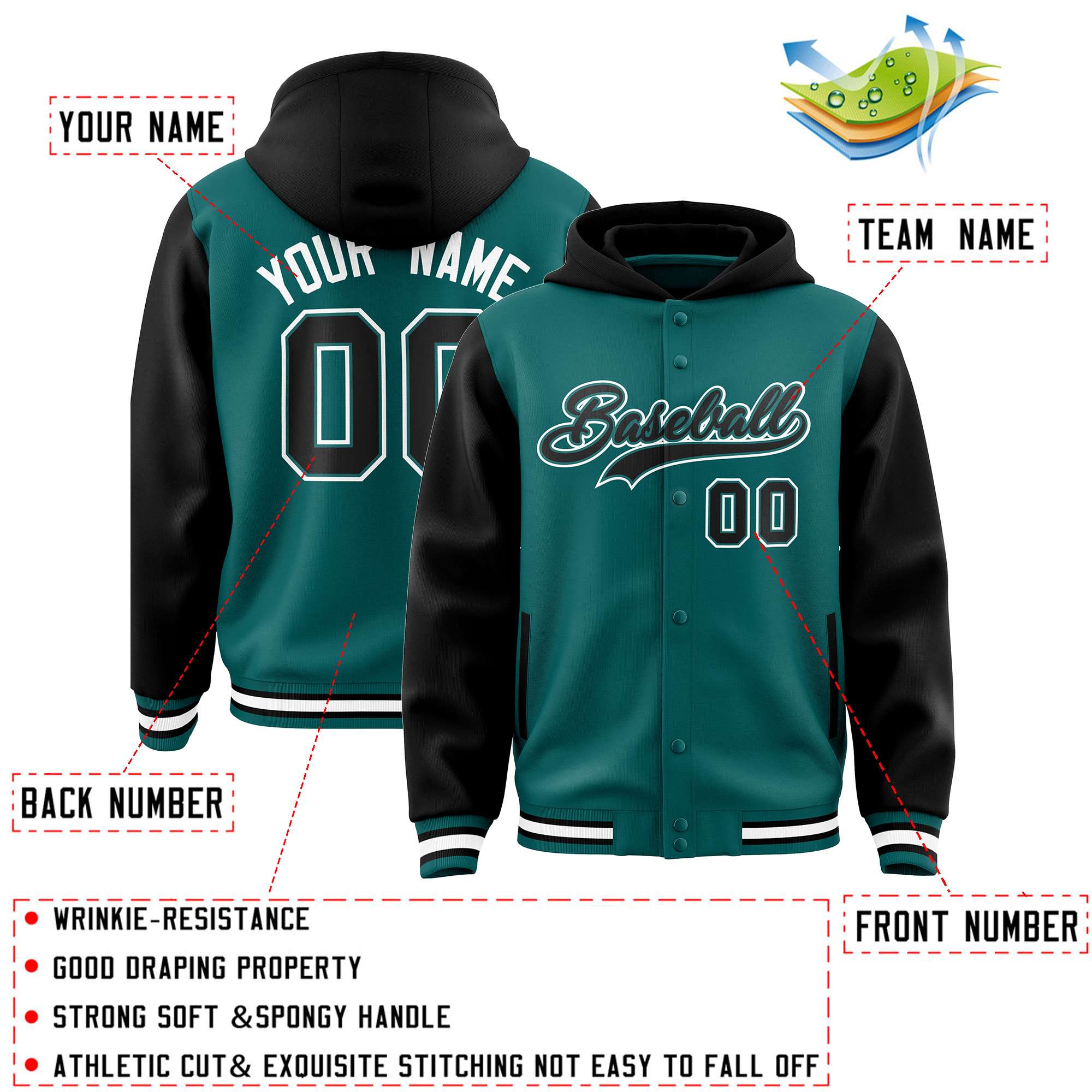 Custom Aqua Black Raglan Sleeves Varsity Full-Snap Letterman Two Tone Hoodie Jacket