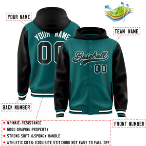 Custom Aqua Black Raglan Sleeves Varsity Full-Snap Letterman Two Tone Hoodie Jacket