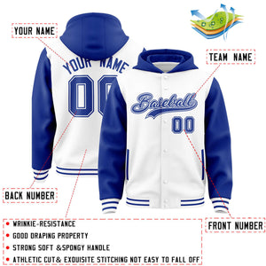 Custom White Royal Raglan Sleeves Varsity Full-Snap Letterman Two Tone Hoodie Jacket