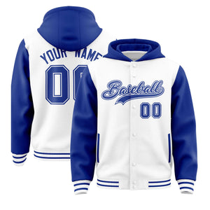 Custom White Royal Raglan Sleeves Varsity Full-Snap Letterman Two Tone Hoodie Jacket