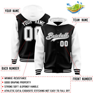 Custom Black White Raglan Sleeves Varsity Full-Snap Letterman Two Tone Hoodie Jacket