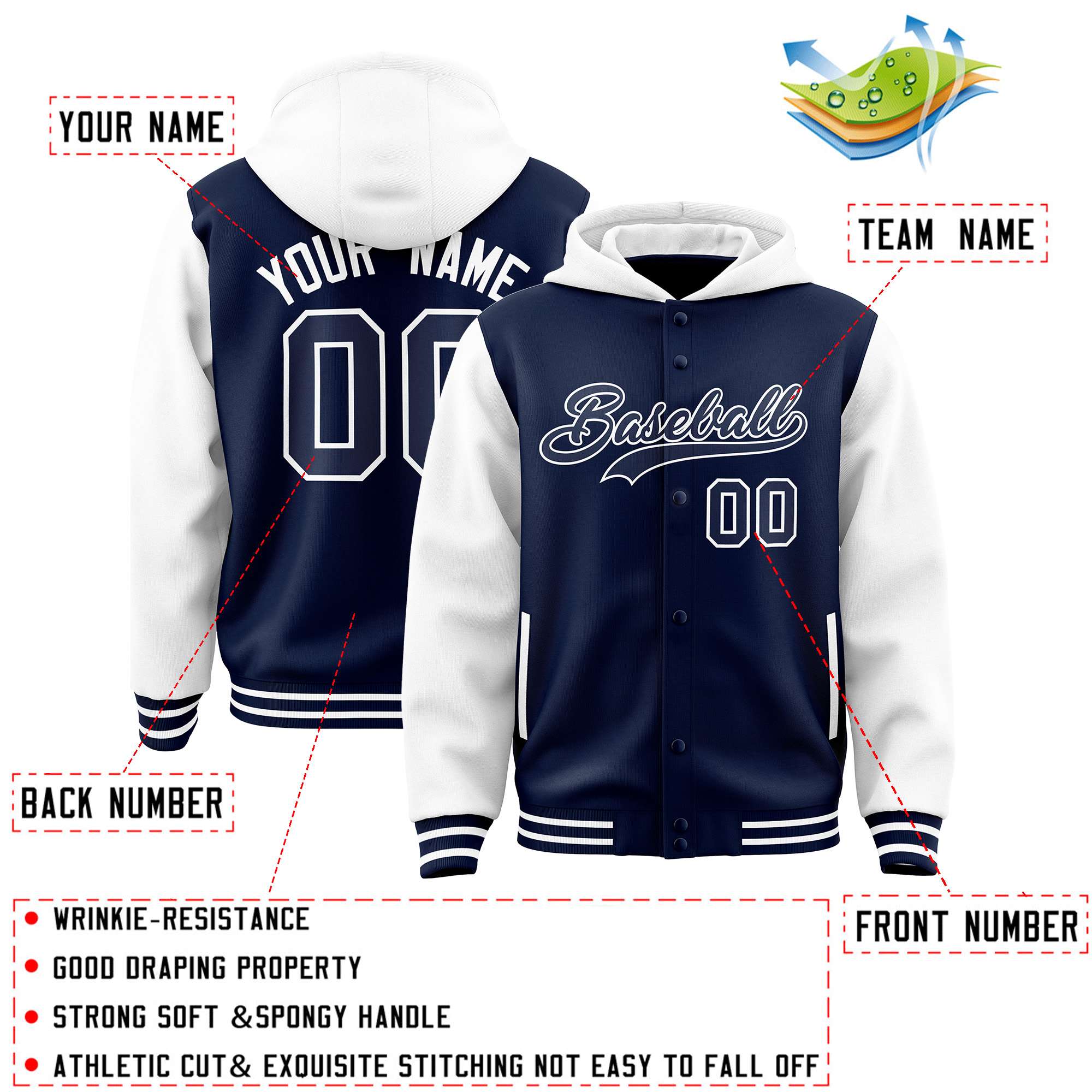 Custom Navy White Raglan Sleeves Varsity Full-Snap Letterman Two Tone Hoodie Jacket