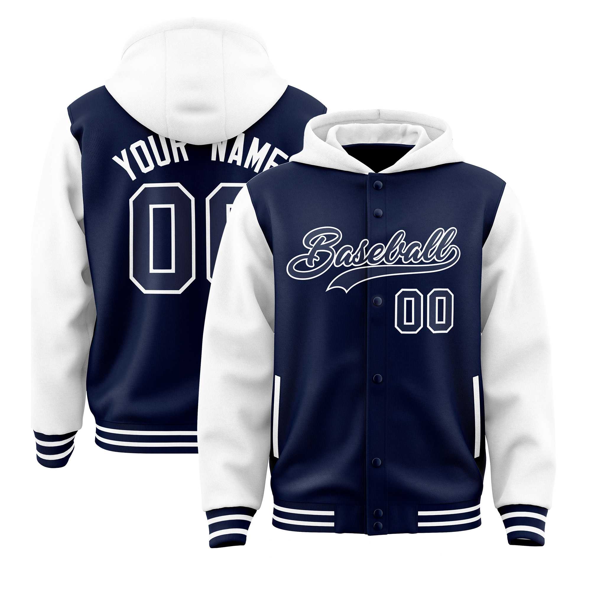 Custom Navy White Raglan Sleeves Varsity Full-Snap Letterman Two Tone Hoodie Jacket