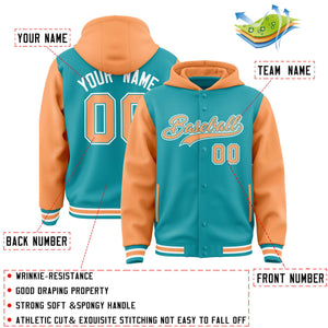 Custom Aqua Orange Raglan Sleeves Varsity Full-Snap Letterman Two Tone Hoodie Jacket