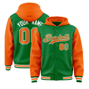 Custom Kelly Green Orange Raglan Sleeves Varsity Full-Snap Letterman Two Tone Hoodie Jacket