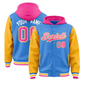 Custom Powder Blue Gold-Pink Raglan Sleeves Varsity Full-Snap Letterman Two Tone Hoodie Jacket