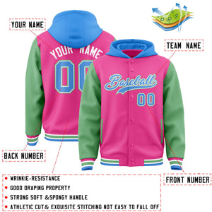 Custom Pink Green-Powder Blue Raglan Sleeves Varsity Full-Snap Letterman Two Tone Hoodie Jacket