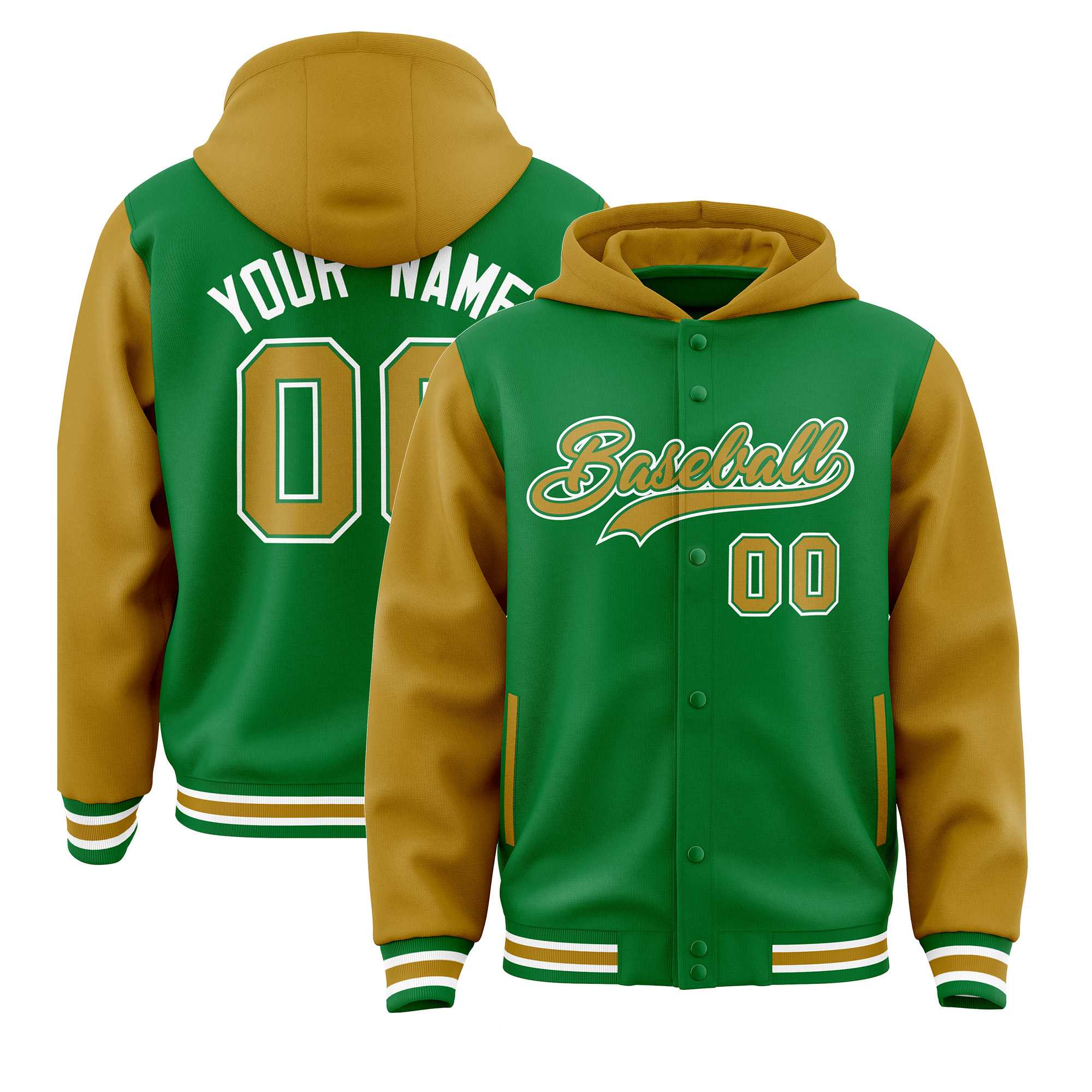 Custom Kelly Green Old Gold Raglan Sleeves Varsity Full-Snap Letterman Two Tone Hoodie Jacket