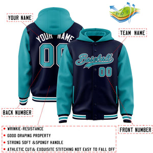 Custom Navy Aqua Raglan Sleeves Varsity Full-Snap Letterman Two Tone Hoodie Jacket