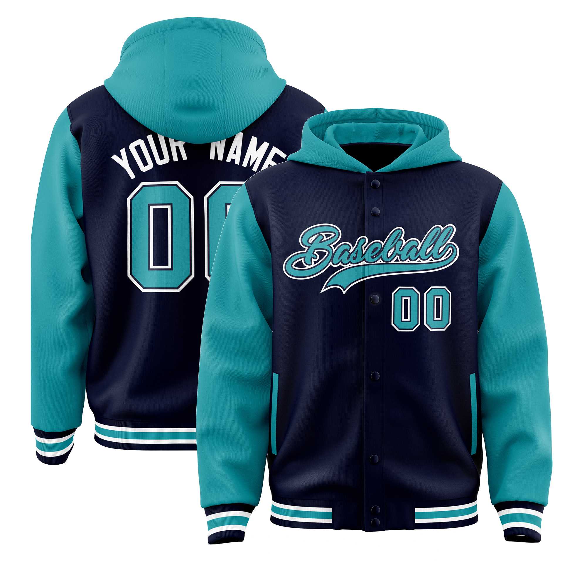 Custom Navy Aqua Raglan Sleeves Varsity Full-Snap Letterman Two Tone Hoodie Jacket