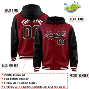 Custom Crimson Black Raglan Sleeves Varsity Full-Snap Letterman Two Tone Hoodie Jacket