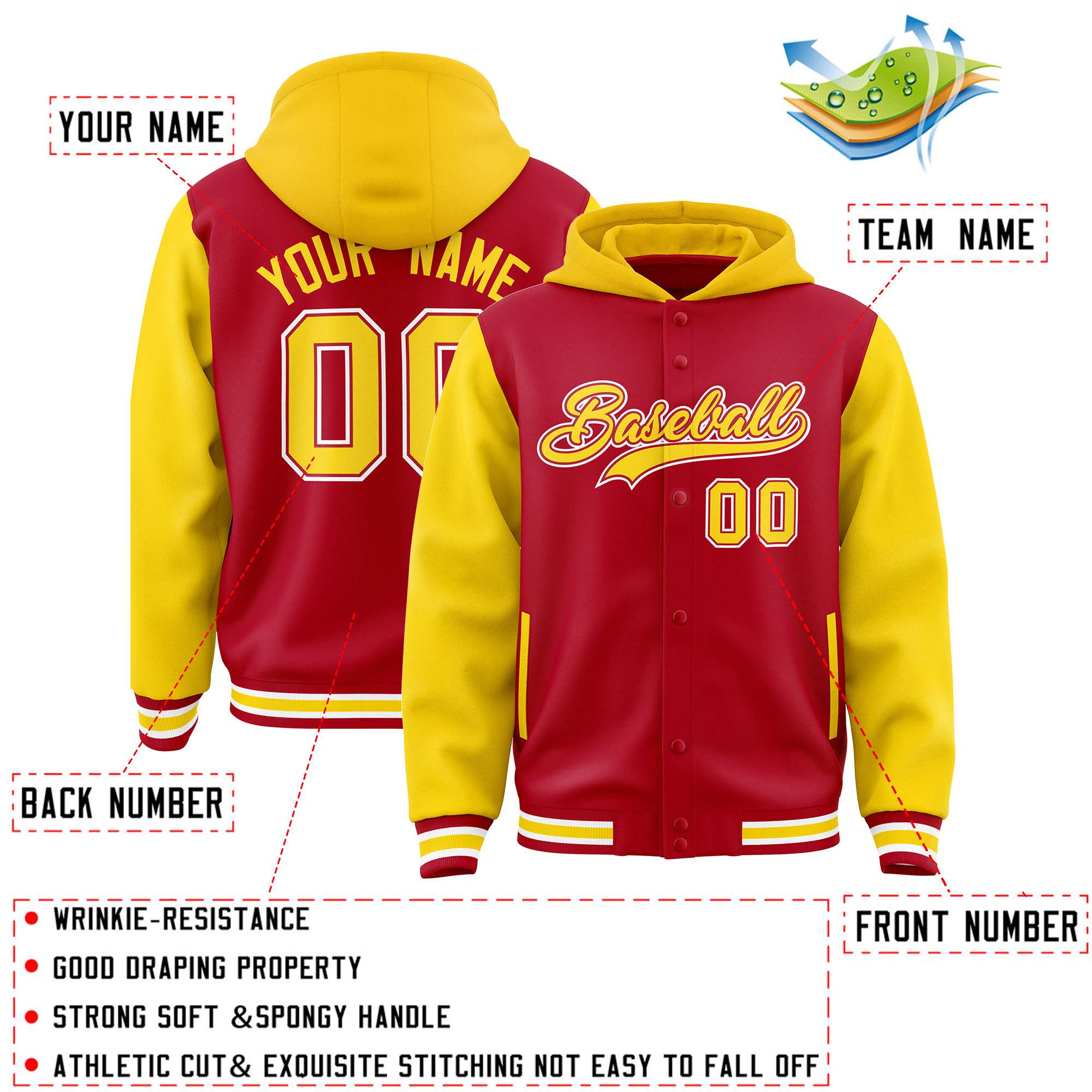 Custom Red Gold Raglan Sleeves Varsity Full-Snap Letterman Two Tone Hoodie Jacket