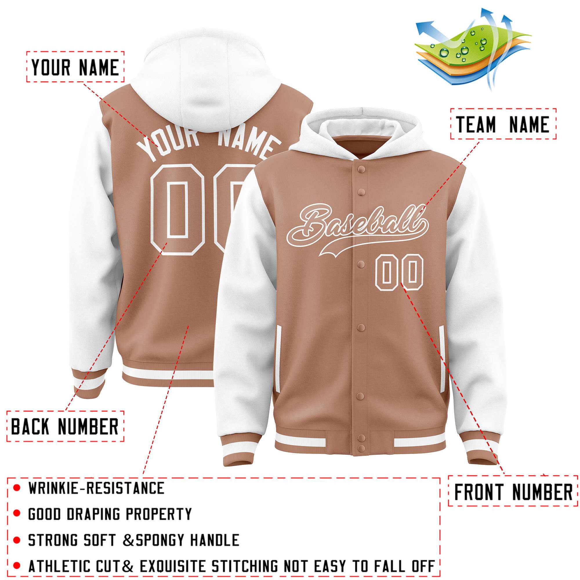 Custom Teabrown White Raglan Sleeves Varsity Full-Snap Letterman Two Tone Hoodie Jacket