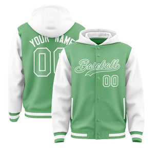 Custom Green White Raglan Sleeves Varsity Full-Snap Letterman Two Tone Hoodie Jacket