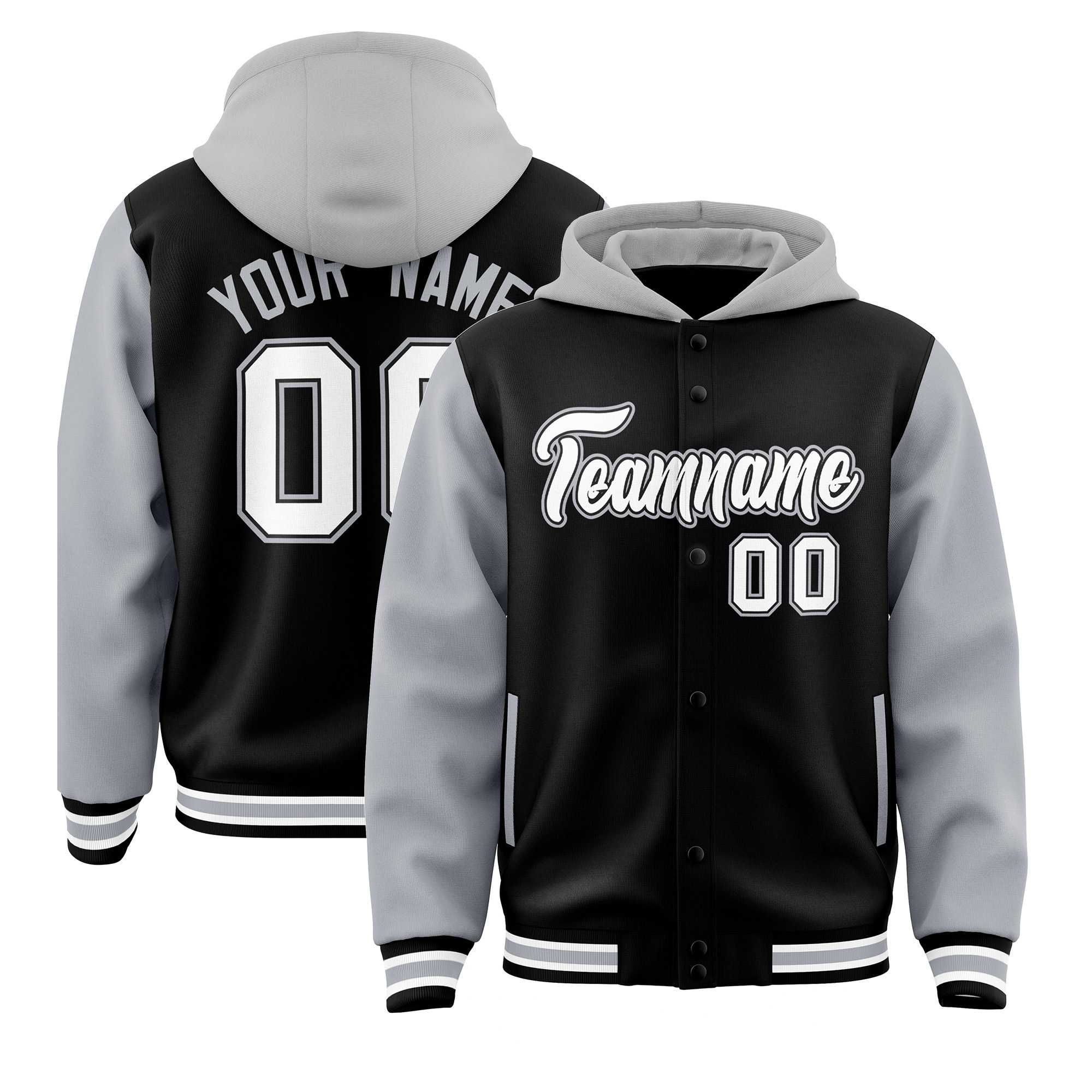 Custom Black Gray Raglan Sleeves Varsity Full-Snap Letterman Two Tone Hoodie Jacket