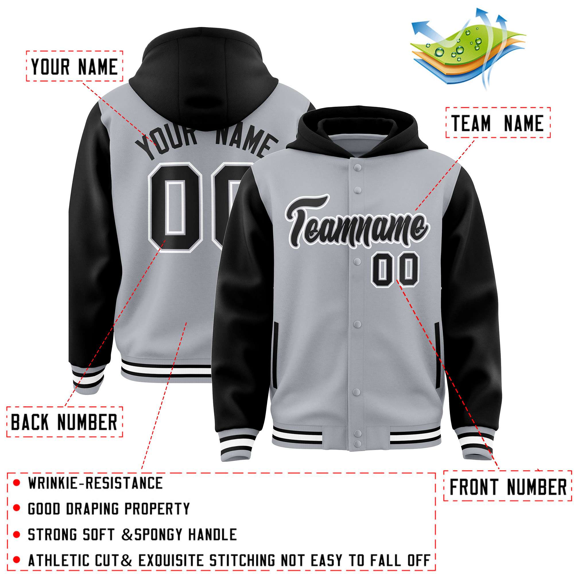 Custom Gray Black Raglan Sleeves Varsity Full-Snap Letterman Two Tone Hoodie Jacket