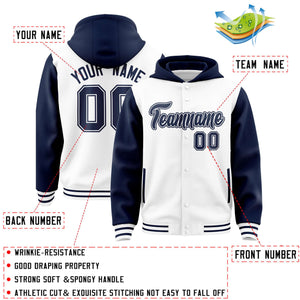 Custom White Navy Raglan Sleeves Varsity Full-Snap Letterman Two Tone Hoodie Jacket