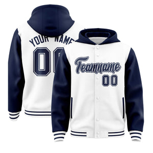 Custom White Navy Raglan Sleeves Varsity Full-Snap Letterman Two Tone Hoodie Jacket