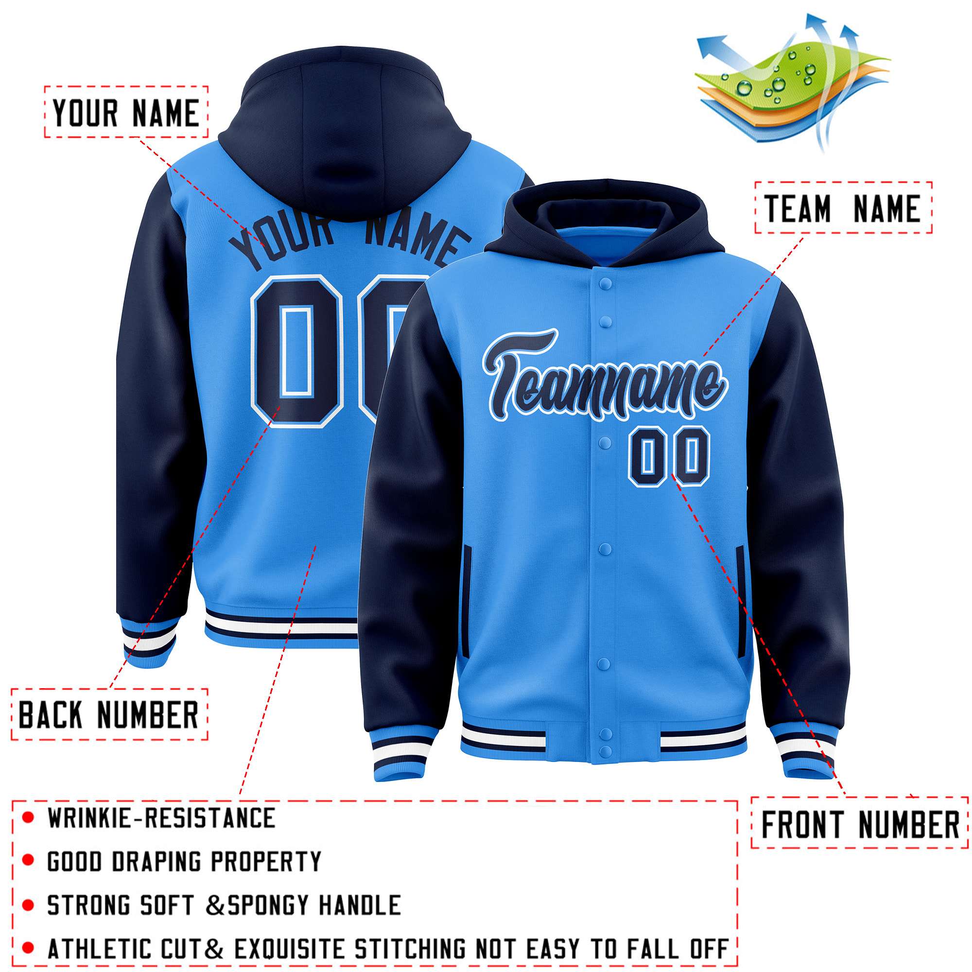 Custom Powder Blue Navy Raglan Sleeves Varsity Full-Snap Letterman Two Tone Hoodie Jacket