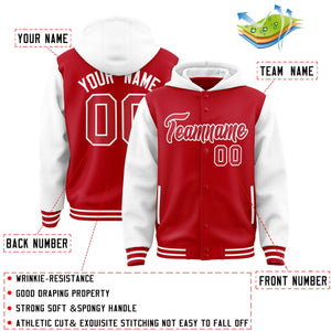 Custom Red White Raglan Sleeves Varsity Full-Snap Letterman Two Tone Hoodie Jacket