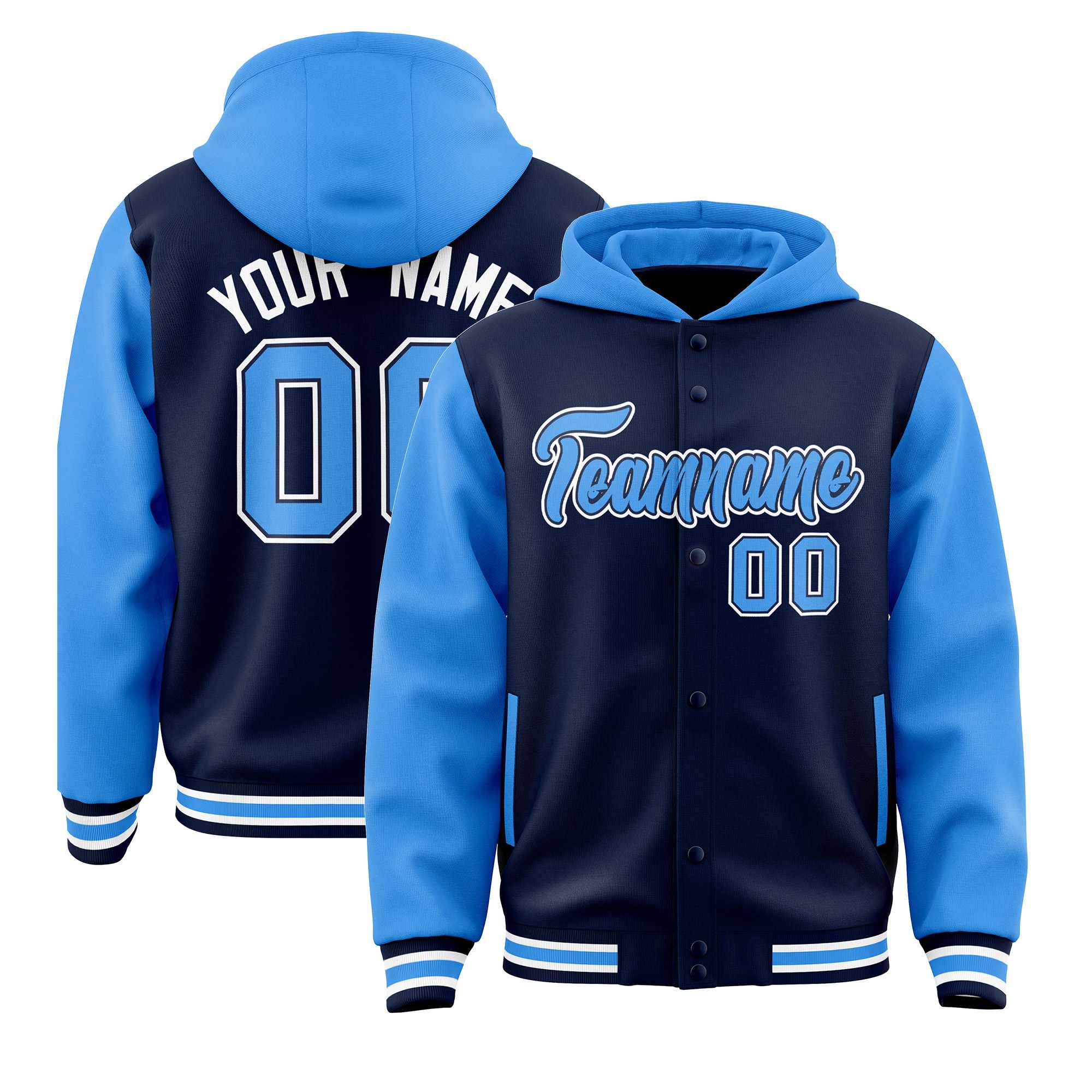 Custom Navy Powder Blue Raglan Sleeves Varsity Full-Snap Letterman Two Tone Hoodie Jacket