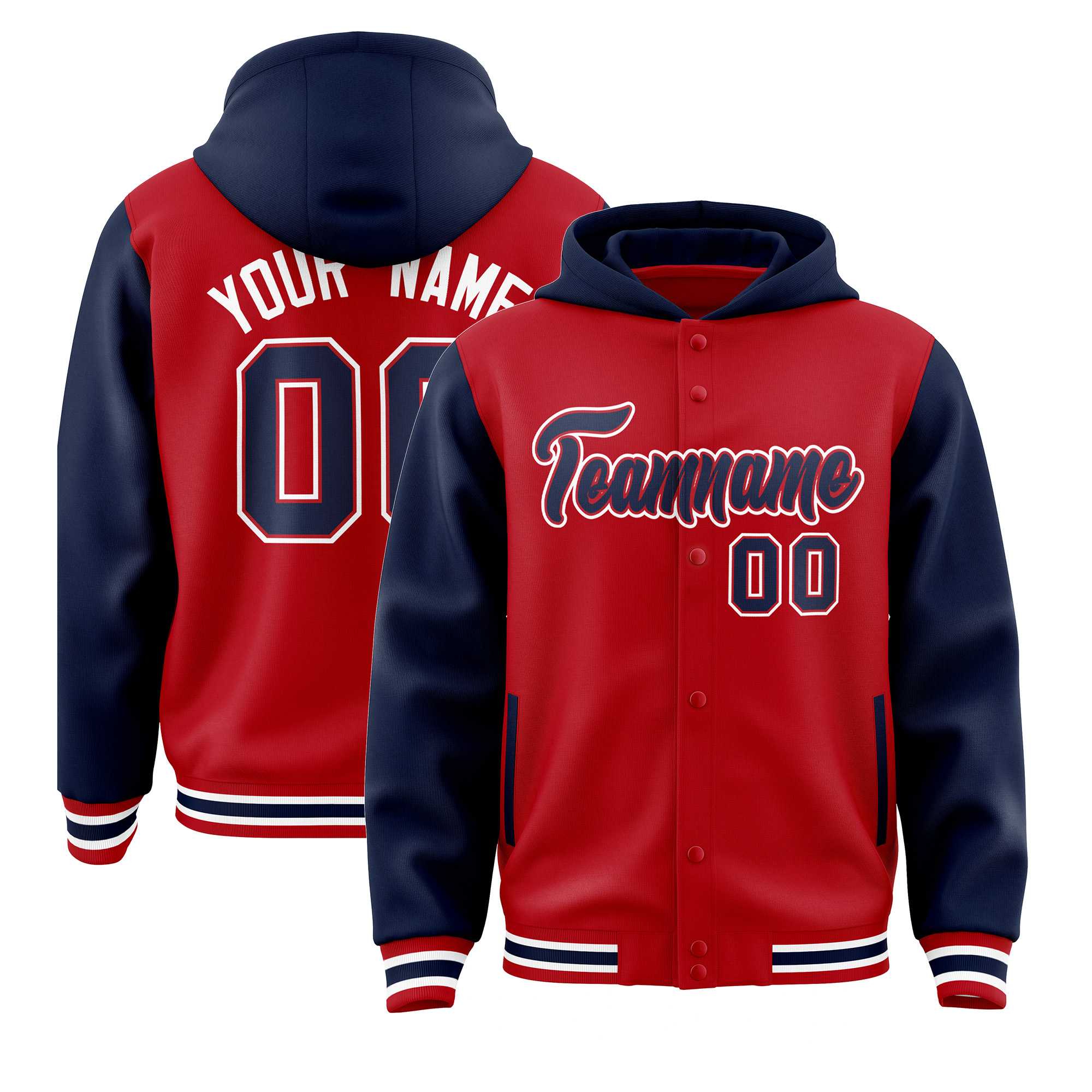 Custom Red Navy Raglan Sleeves Varsity Full-Snap Letterman Two Tone Hoodie Jacket