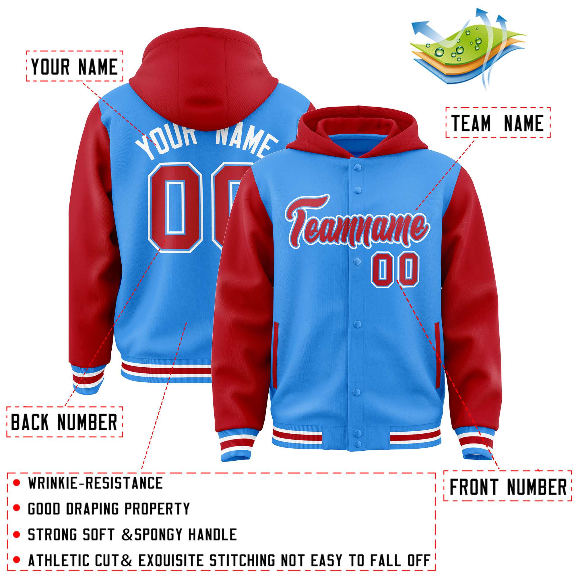 Custom Powder Blue Red Raglan Sleeves Varsity Full-Snap Letterman Two Tone Hoodie Jacket