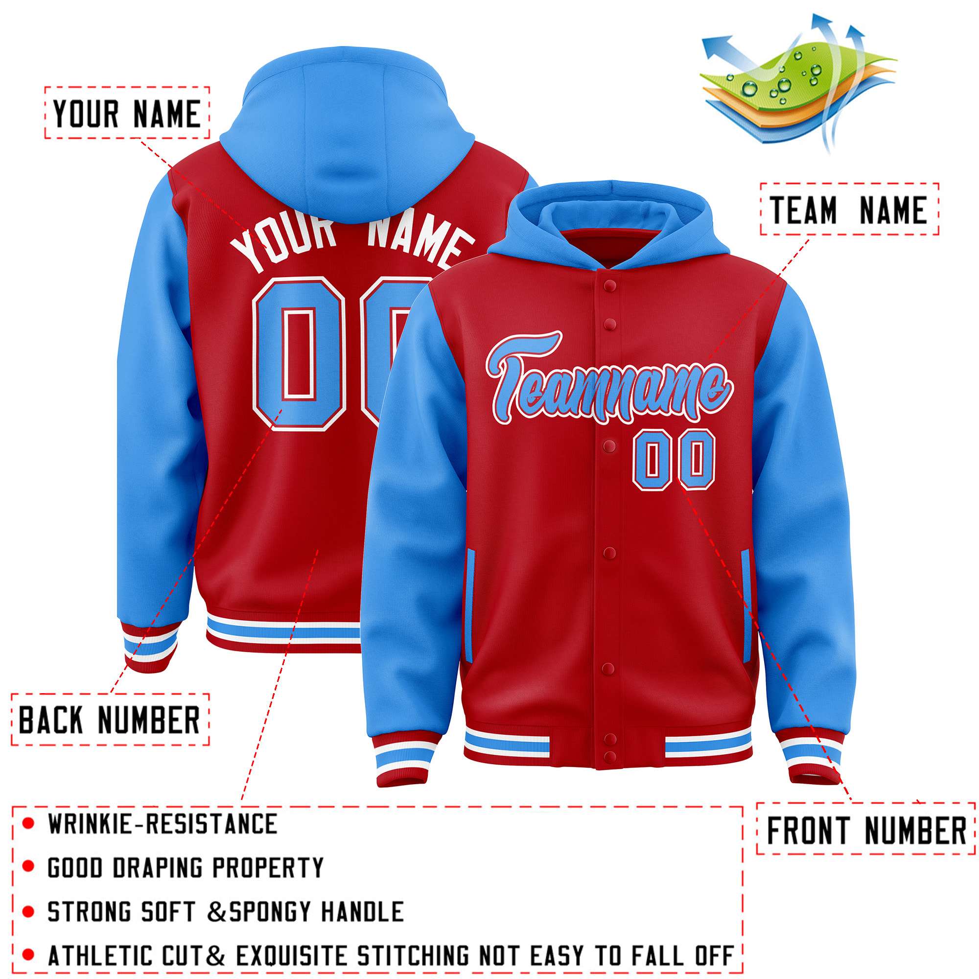 Custom Red Powder Blue Raglan Sleeves Varsity Full-Snap Letterman Two Tone Hoodie Jacket