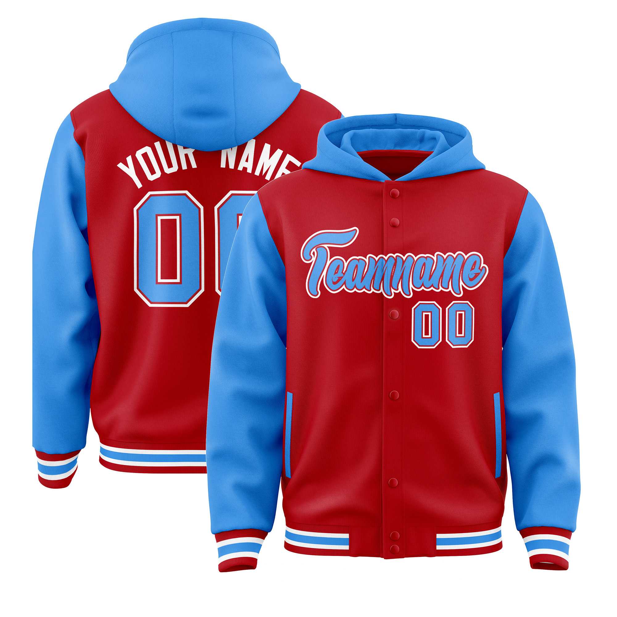 Custom Red Powder Blue Raglan Sleeves Varsity Full-Snap Letterman Two Tone Hoodie Jacket