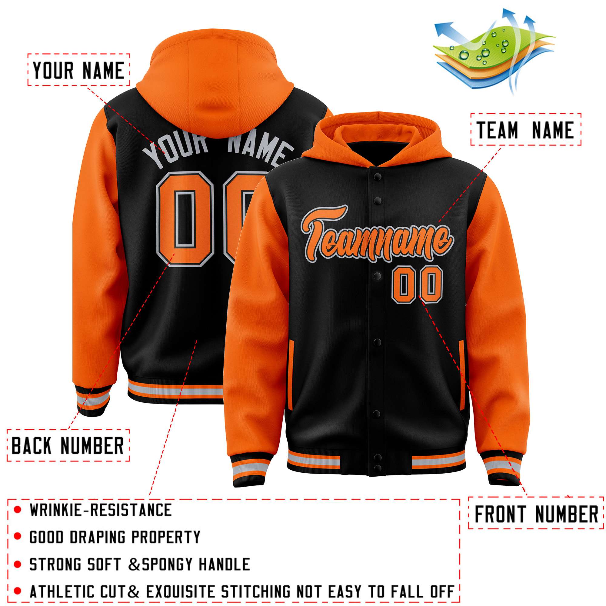 Custom Black Orange Raglan Sleeves Varsity Full-Snap Letterman Two Tone Hoodie Jacket