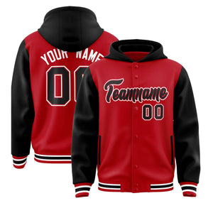 Custom Red Black Raglan Sleeves Varsity Full-Snap Letterman Two Tone Hoodie Jacket