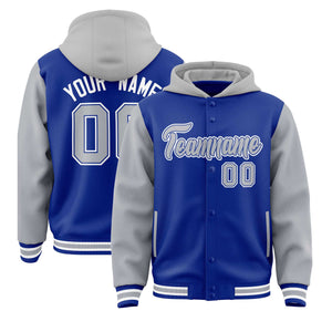 Custom Royal Gray Raglan Sleeves Varsity Full-Snap Letterman Two Tone Hoodie Jacket