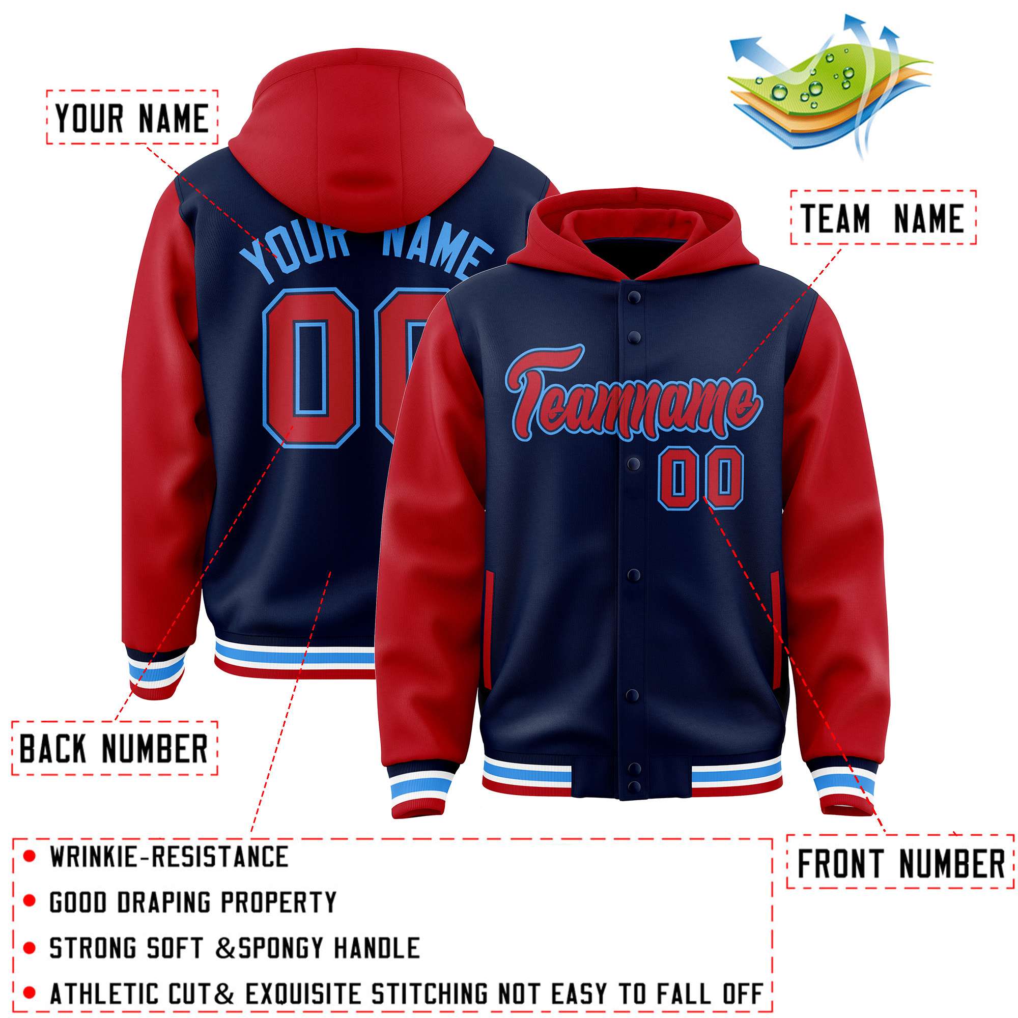 Custom Navy Red Raglan Sleeves Varsity Full-Snap Letterman Two Tone Hoodie Jacket