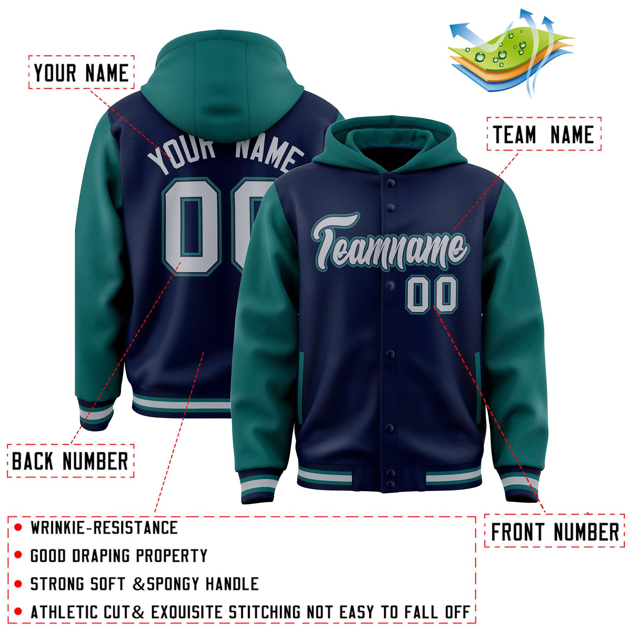 Custom Navy Aqua Raglan Sleeves Varsity Full-Snap Letterman Two Tone Hoodie Jacket