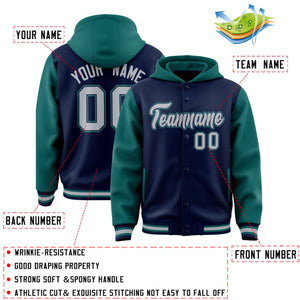 Custom Navy Aqua Raglan Sleeves Varsity Full-Snap Letterman Two Tone Hoodie Jacket