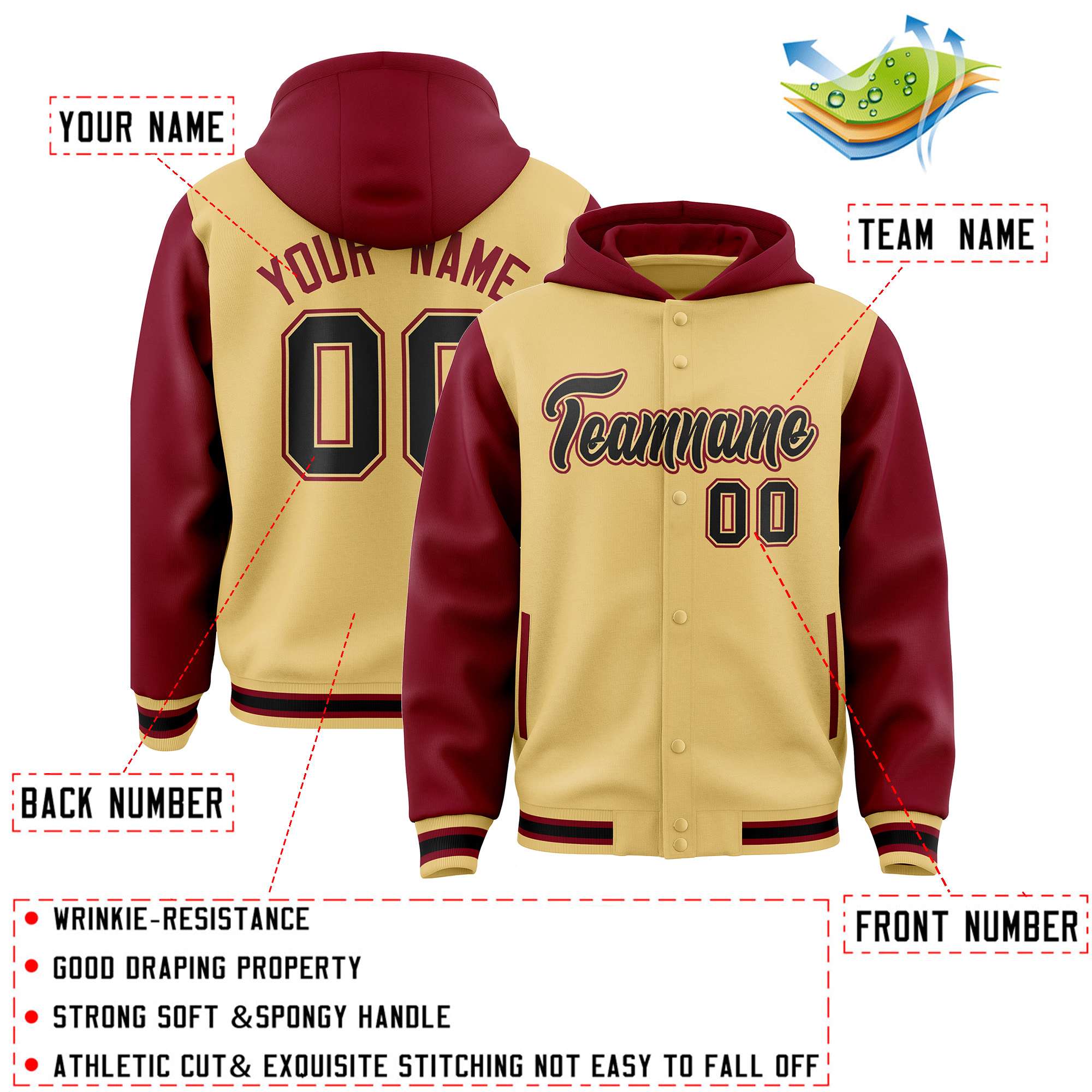 Custom Khaki Crimson Raglan Sleeves Varsity Full-Snap Letterman Two Tone Hoodie Jacket